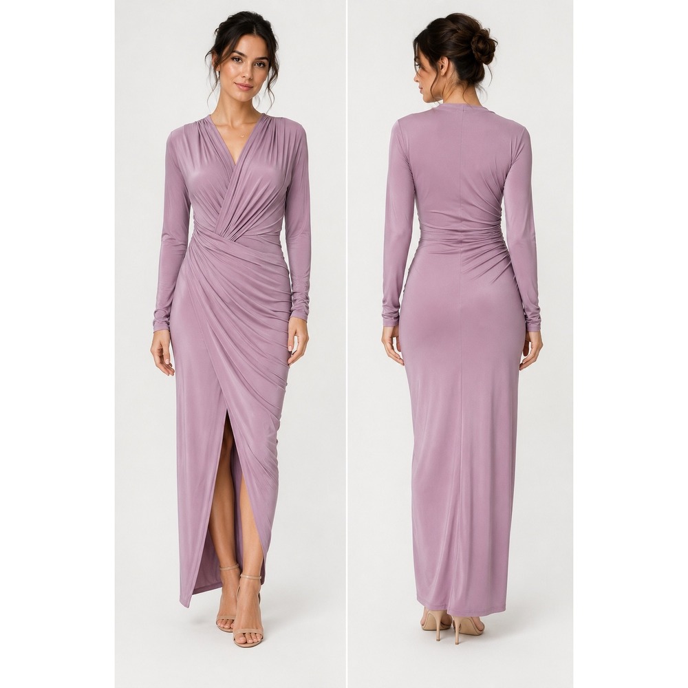 Club L London Mauve Ruched Long Sleeve Wrap Front Maxi Dress Size 4 NWT Elegant
